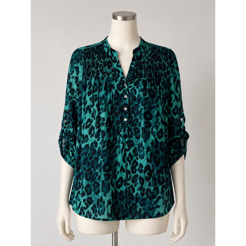 Notations Womens Teal Black Leopard Print Smocked Roll Tab Sleeve Blouse Small